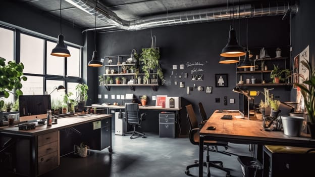 Inspiring office interior design Industrial style Office featuring Exposed pipes architecture. Generative AI AIG 31.