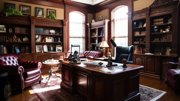 Inspiring office interior design Traditional style Executive office featuring Mahogany furniture architecture. Generative AI AIG 31.
