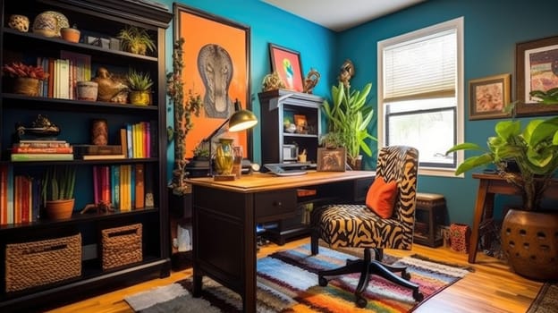 Inspiring office interior design Eclectic style Study Room featuring Mix of patterns architecture. Generative AI AIG 31.