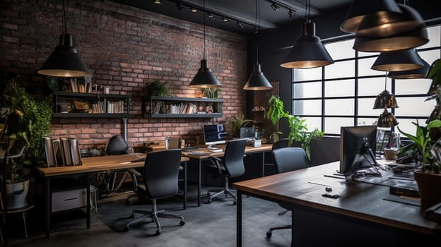 Inspiring office interior design Industrial style Office featuring Exposed bricks architecture. Generative AI AIG 31.