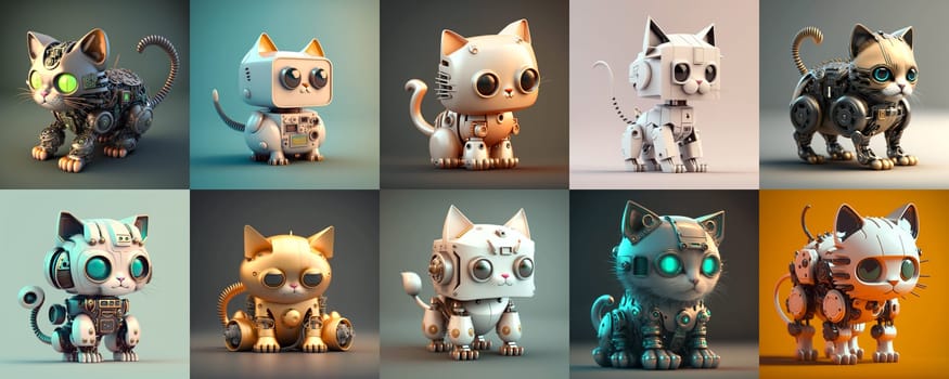 Set of Cute Cyber Cat Robots, 3D rendering, created with generative AI technology.