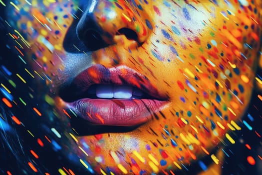 A close-up of a beautiful glitchcore female face is captured in a vibrantly surreal fashion photography style. Generative AI AIG27.