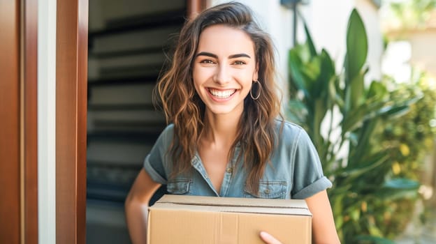 Smiling woman holding cardboard parcel box against front door house entrance. Black Friday sale. Online shopping. Generative ai