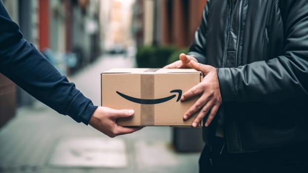 Faceless delivery man giving Amazon prime cardbox parcel box to customer blurred street background. Generative ai