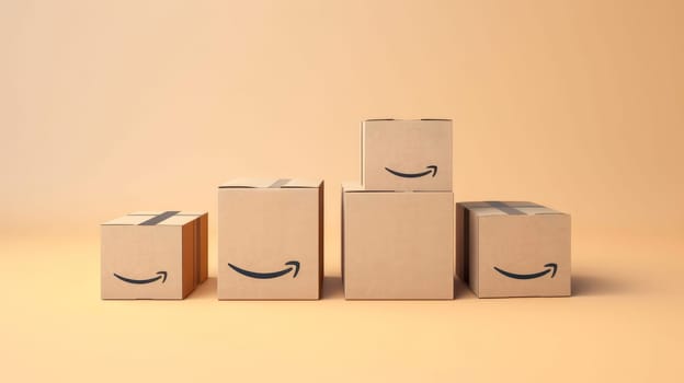 Pile of Amazon Prime cardboard boxes packages on yellow background. Generative Ai