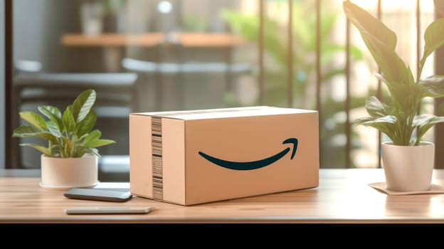 Delivered parcel box on table with blurred home background. Amazon Prime shopping. Generative Ai