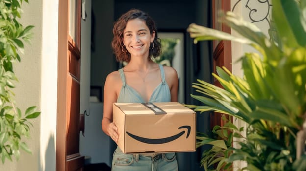 Smiling woman holding Amazon Prime cardboard parcel box against front door house entrance. Black Friday sale. Online shopping. Generative ai