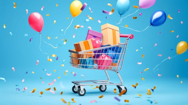 Shopping cart full of colorful gift boxes on blue background with confetti. Black Friday sale. Online shopping. Generative ai
