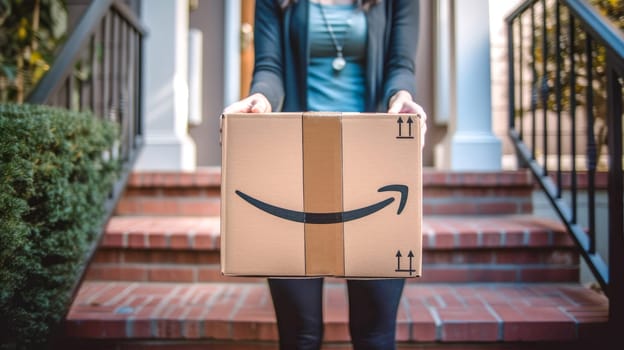 Faceless woman holding Amazon Prime cardboard parcel box against front door house entrance. Black Friday sale. Online shopping. Generative ai