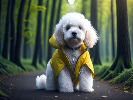 Cute dog white poodle wearing yellow rain jacket hiking in the forest. Dog vacation relax concept. Generative Ai