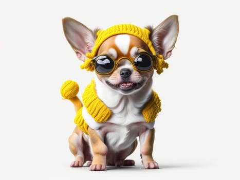 Cute funny chihuahua puppy wearing yellow bee costume on white background. Generative Ai