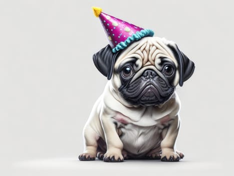 Cute funny pug puppy wearing birthday hat on white background. Generative Ai