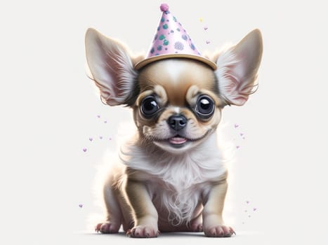 Cute funny chihuahua puppy wearing birthday hat on white background. Generative Ai