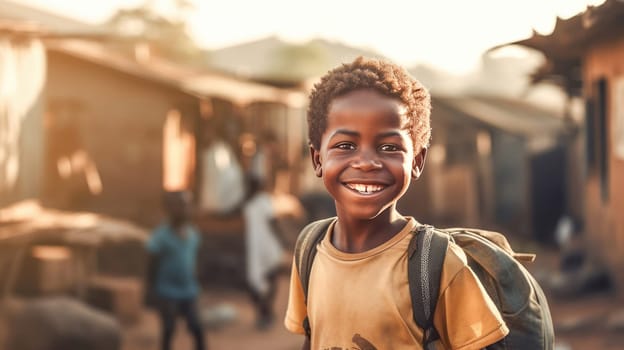 Happy smiling African kid with backpack is looking to the camera and walking to school on the dusty street. Back to school. Generative ai
