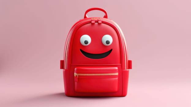 Cute red smiling backpack with pink background. Back to school concept