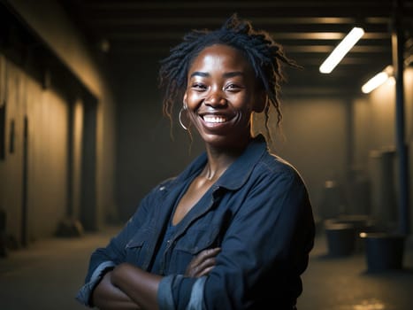 African american Woman Mechanic worker in blue uniform at repair garage. Young mechanic engineer female at factory. Generative Ai