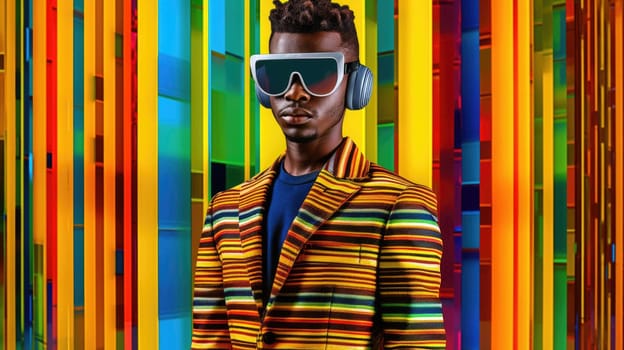 Young male model posing with trendy man fashion outfit and colorful optical art abstract background. Picturesque generative AI