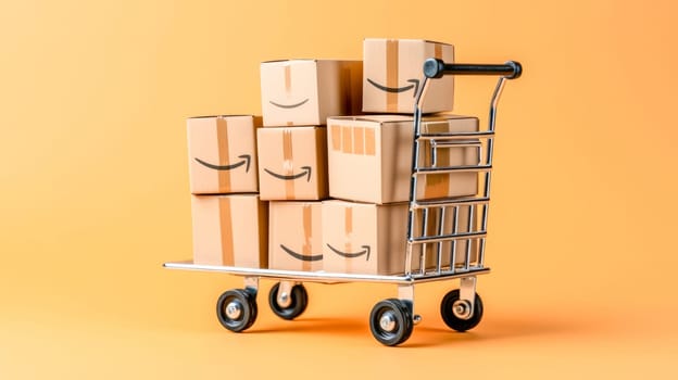 Shopping trolley full of Amazon prime boxes on yellow background. Black Friday sale. Online shopping. Generative ai