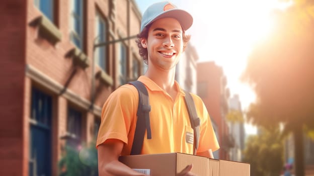Smiling delivery man holding cardbox parcel box looking at camera blurred street background. Generative ai
