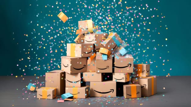 Pile of Amazon Prime cardboard boxes packages on blue background with festive cofetti. Generative Ai