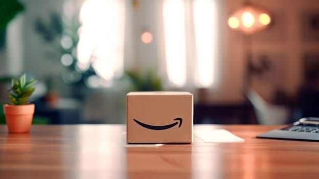 Delivered parcel box on table with blurred home background. Amazon Prime shopping. Generative Ai