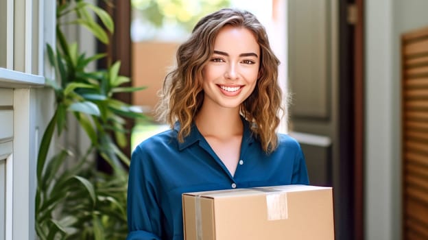 Smiling woman holding cardboard parcel box against front door house entrance. Black Friday sale. Online shopping. Generative ai