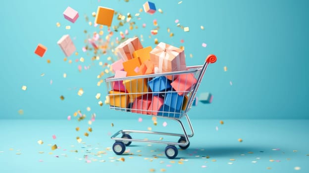 Shopping cart full of colorful gift boxes on blue background with confetti. Black Friday sale. Online shopping. Generative ai