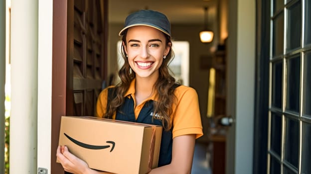 Smiling woman holding Amazon Prime cardboard parcel box against front door house entrance. Black Friday sale. Online shopping. Generative ai