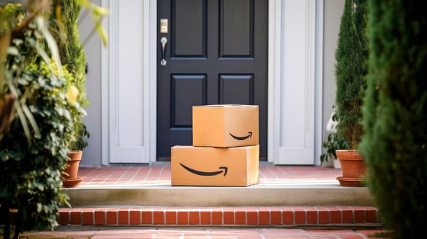 Delivered parcel box on door mat near entrance. Amazon Prime shopping. Generative Ai