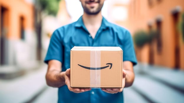 Faceless delivery man holding Amazon prime cardbox parcel box looking at camera blurred street background. Generative ai