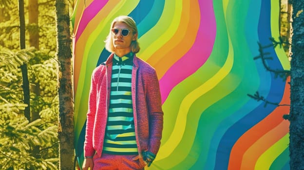 Young male model posing with trendy man fashion outfit in colorful rainbow in forest background. Picturesque generative AI