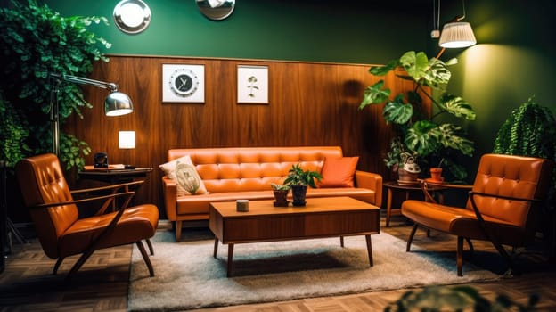 Inspiring office interior design Mid-century style Lounge featuring Retro elements architecture. Generative AI AIG 31.