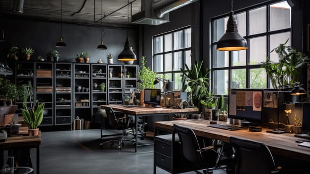 Inspiring office interior design Industrial style Office featuring Exposed bricks architecture. Generative AI AIG 31.