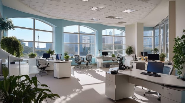 Inspiring office interior design Modern style Corporate Office featuring Expansive windows architecture. Generative AI AIG 31.