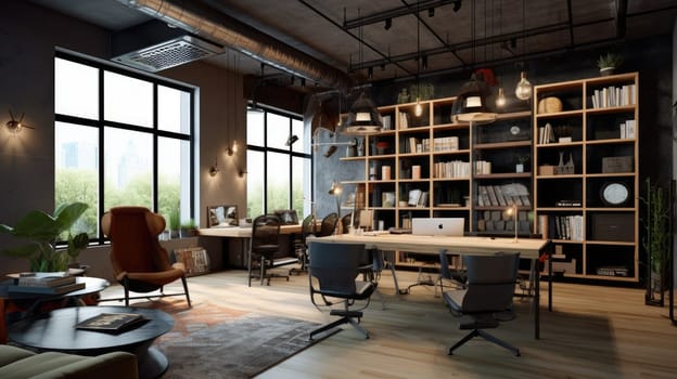 Inspiring office interior design Industrial style Corporate Office with Open Space Design featuring Exposed ceilings architecture. Generative AI AIG 31.