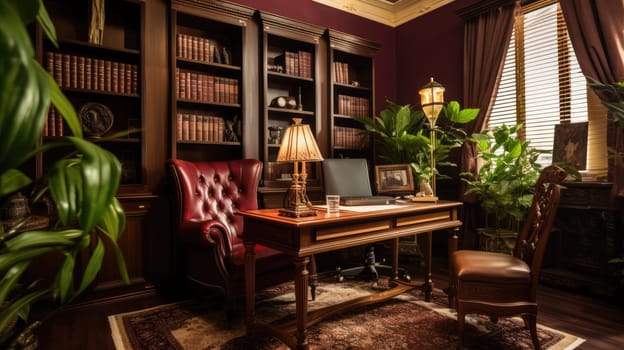 Inspiring office interior design Traditional style Study room featuring Antique furniture architecture. Generative AI AIG 31.