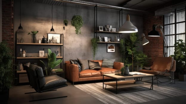 Inspiring office interior design Industrial style Lounge featuring Exposed bricks architecture. Generative AI AIG 31.