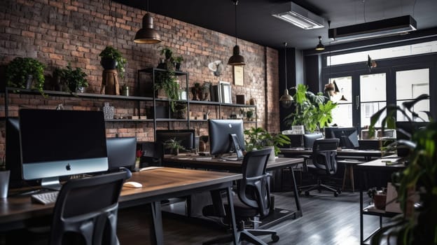 Inspiring office interior design Industrial style Office featuring Exposed bricks architecture. Generative AI AIG 31.