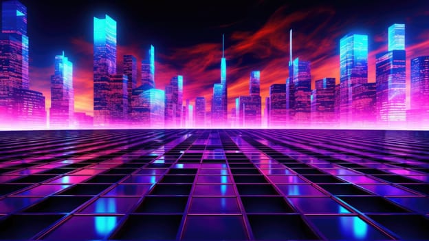 Cyberpunk cityscape abstract background for desktop wallpaper with retro-wave design city in geometric shape. Picturesque generative AI