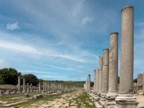 Ancient city of Perge in Antalya, Turkey. Historical ruins in the ancient city of Pamphylia