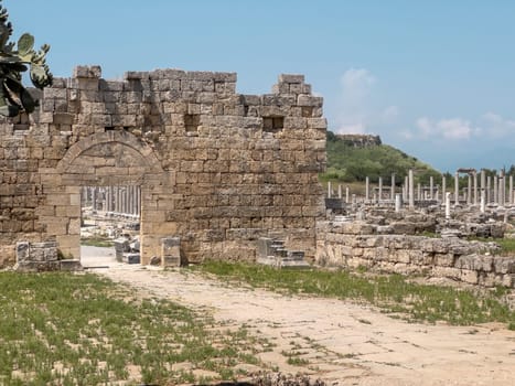 Ancient city of Perge in Antalya, Turkey. Historical ruins in the ancient city of Pamphylia