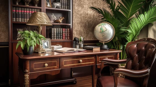 Inspiring office interior design Traditional style Study Room featuring Classic elegance architecture. Generative AI AIG 31.