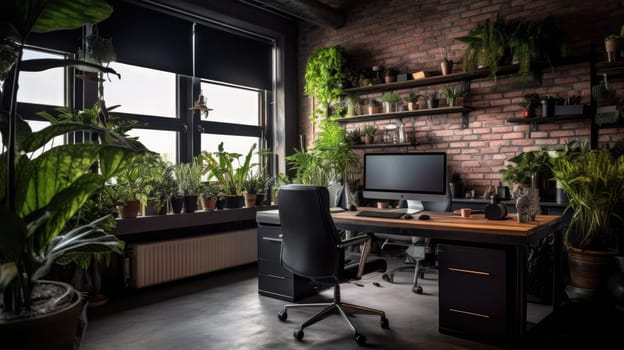 Inspiring office interior design Industrial style Open workspace featuring Brick wall architecture. Generative AI AIG 31.