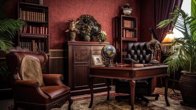 Inspiring office interior design Traditional style Study Room featuring Antique furniture architecture. Generative AI AIG 31.