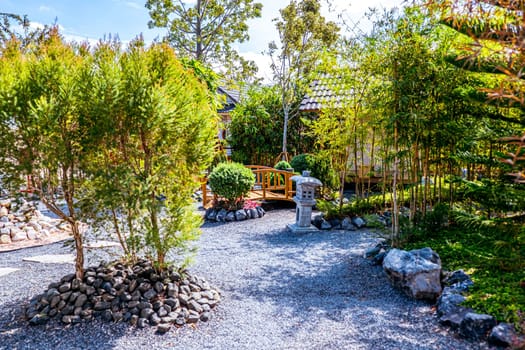 Traditional zen Japanese garden landscape design decoration with tree and rock