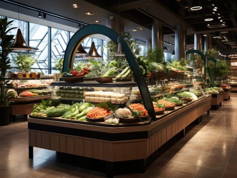 The interior of a supermarket filled with fruit and vegetable on the shelf, decorated with plants and light from bulbs. Generative AI.