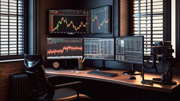 The side view from a computer desk with multiple screens displaying stock market trading and candle stick charts. beautiful Generative AI AIG32