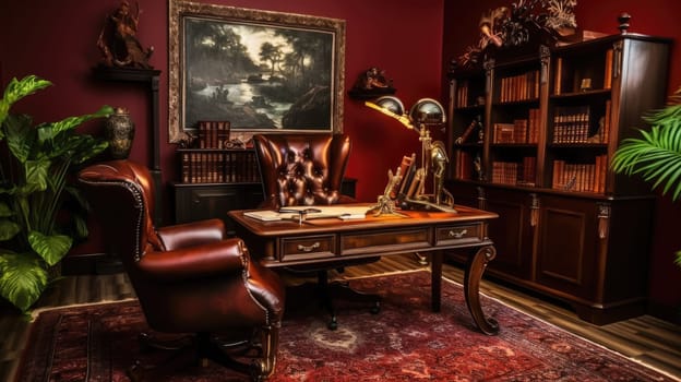 Inspiring office interior design Traditional style Study Room featuring Antique furniture architecture. Generative AI AIG 31.