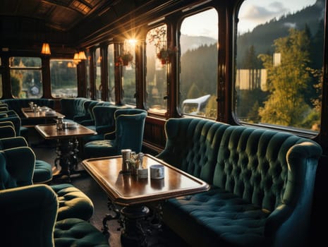 The interior of the train with a table, velvet seats in light green, a cup on the table, and romantic scenery. Generative AI.