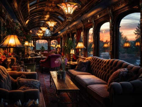 Velvet sofa inside a train car in the style of luxury, with table and lamp, light from lamps to illuminate in the evening atmosphere. Generative AI.